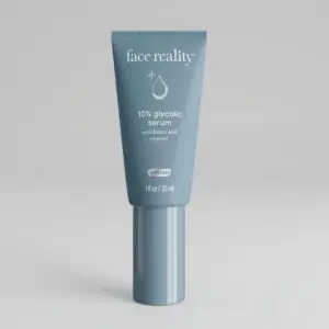 A tube of blue-gray skincare product labeled Face Reality.