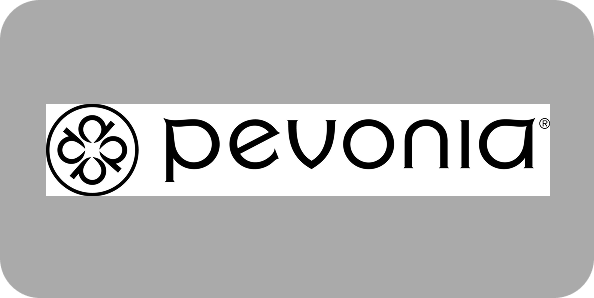 Pevonia logo with stylized floral emblem and the brand name in black on a white background, set against a gray backdrop.