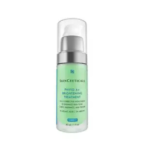 A green skincare serum bottle with a silver pump and clear cap.