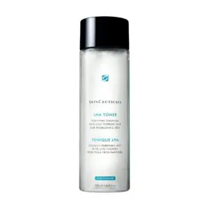 A sleek bottle of facial toner with a black cap and clean design.