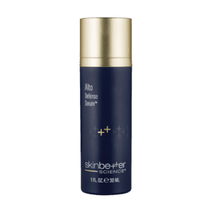 Dark blue and gold skincare serum bottle with minimalist design.