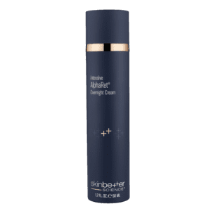 A sleek dark blue skincare bottle with gold accents.
