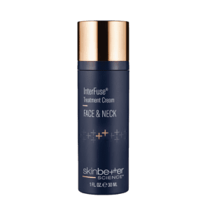 Skin care serum bottle with gold cap and dark blue label.