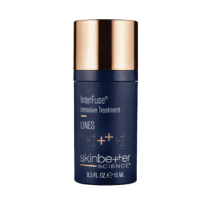 A blue and gold bottle of Skinbetter InterFuse Intensive Treatment for Lines.