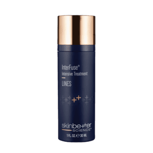 Skincare bottle with a sleek navy and gold design.