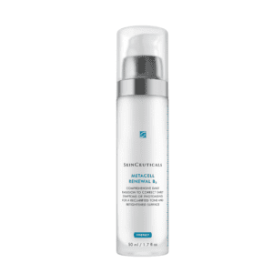 White skincare bottle with a pump dispenser and blue label.