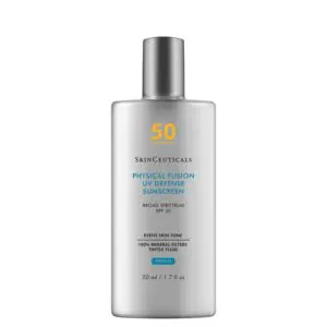 SPF 50 sunscreen lotion in a white bottle with a silver cap.
