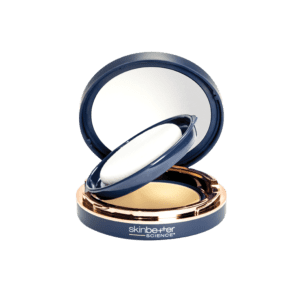 Compact powder makeup in a sleek navy blue case with a mirror.
