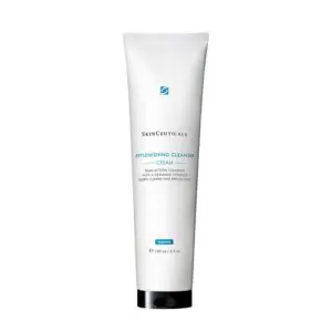White tube of facial cleanser with blue and black text on a white background.