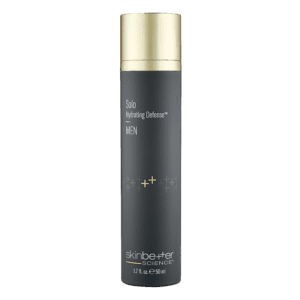 Skincare product bottle with dark grey and gold design.