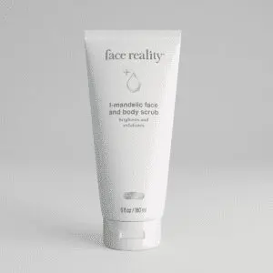 A white tube of Face Reality exfoliating face and body scrub.
