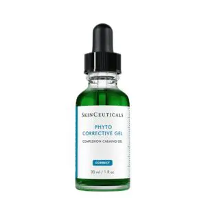 A green bottle of SkinCeuticals Phyto Corrective Gel with a dropper.