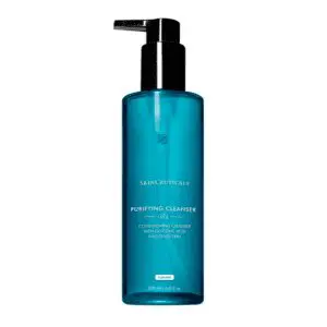 Blue pump bottle of facial cleanser with white text.