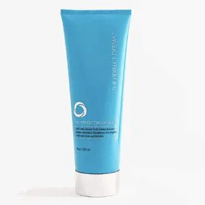 Blue skincare product tube on white background.