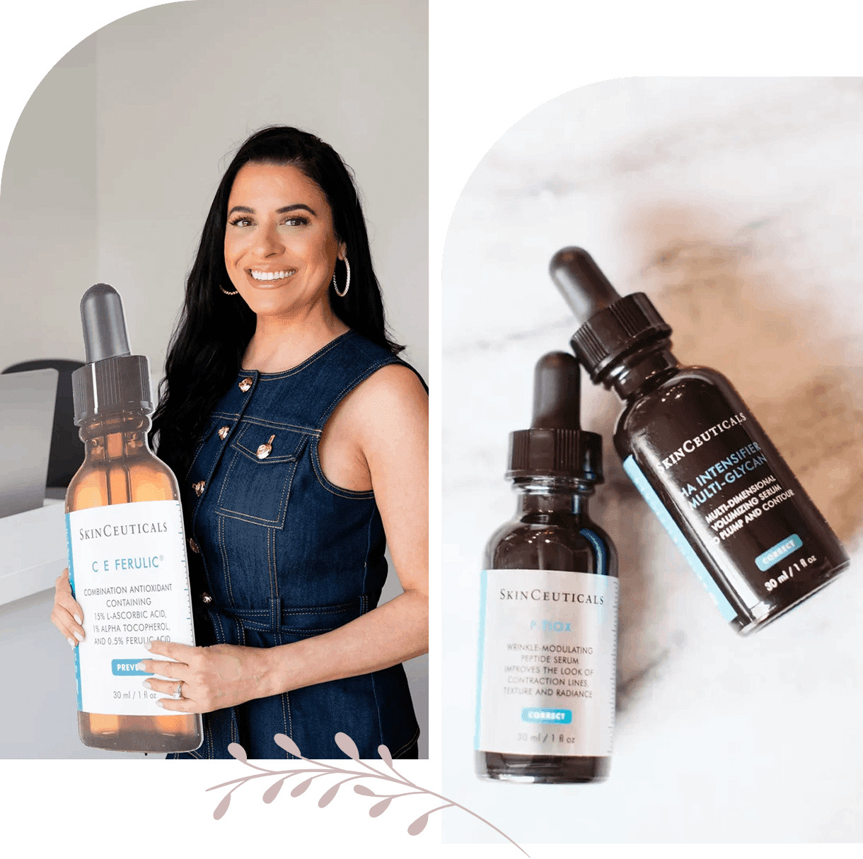Group 23 - Copy A woman holds a large mock-up bottle of SkinCeuticals C E Ferulic. On the right, bottles of C E Ferulic and H.A. Intensifier are displayed on a surface.